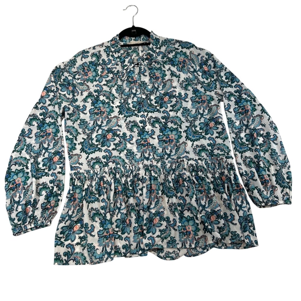 Loft Peplum Blouse Womens M Blue Green Paisley Floral Ruffle Neck LS Boho NWT